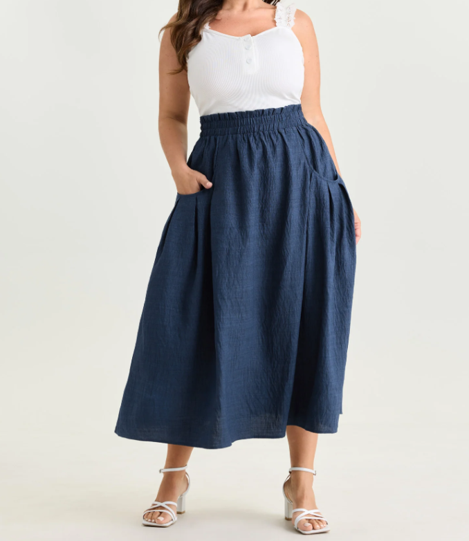 Navy Elastic Waist Midi Skirt with Pockets