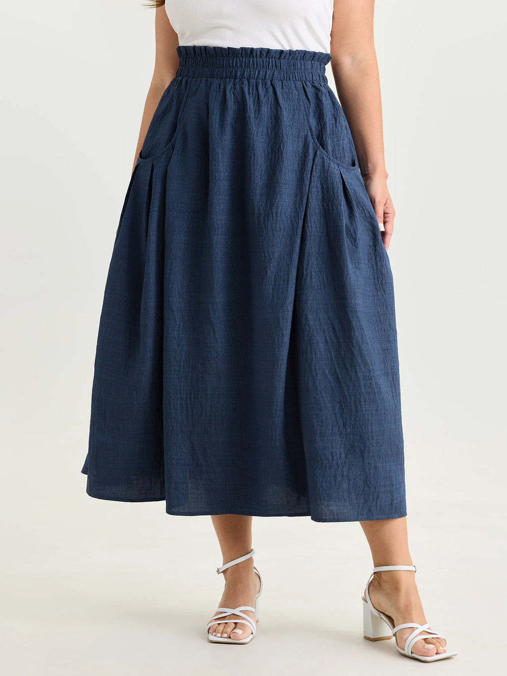 Navy Elastic Waist Midi Skirt with Pockets