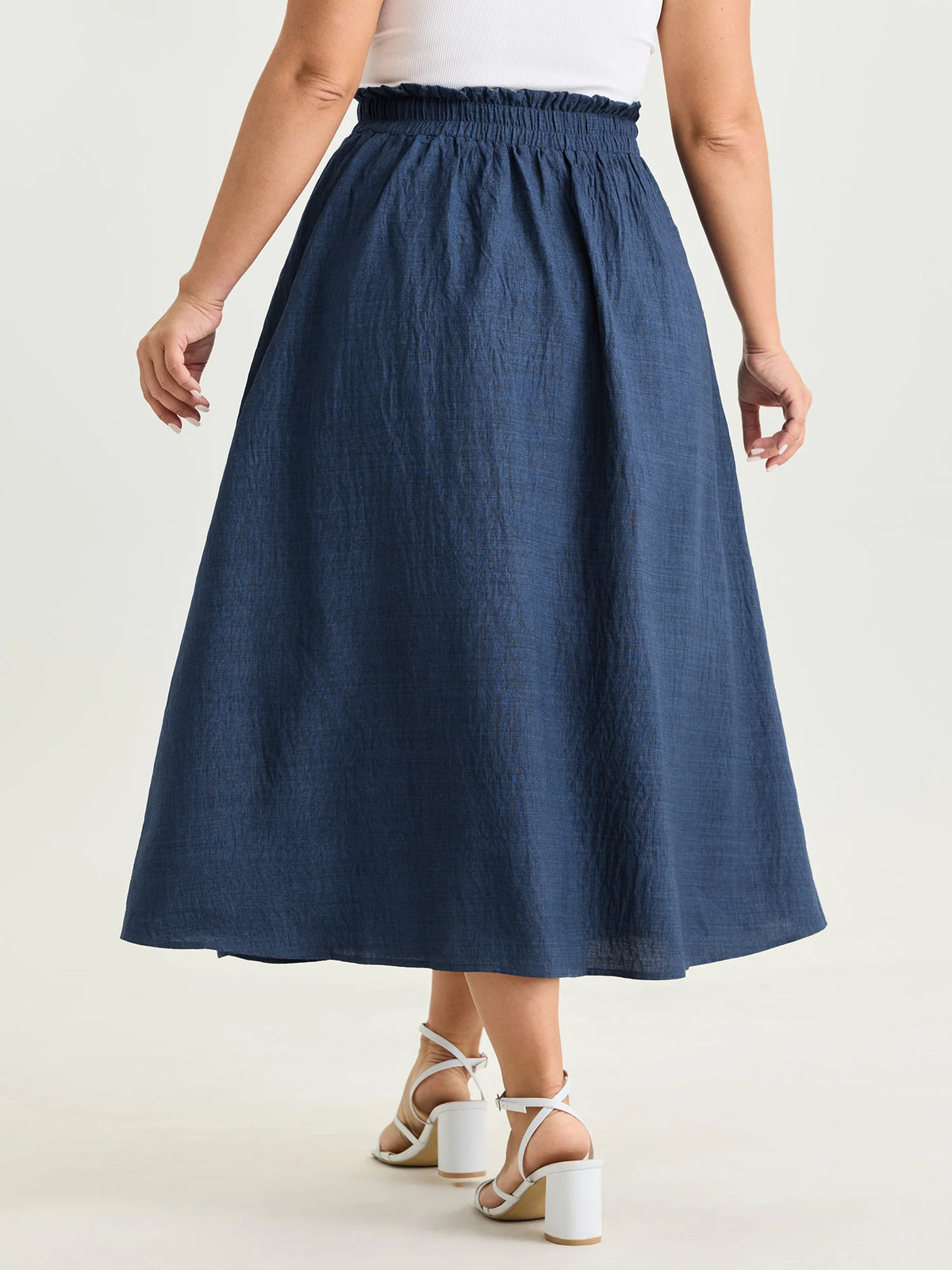 Navy Elastic Waist Midi Skirt with Pockets